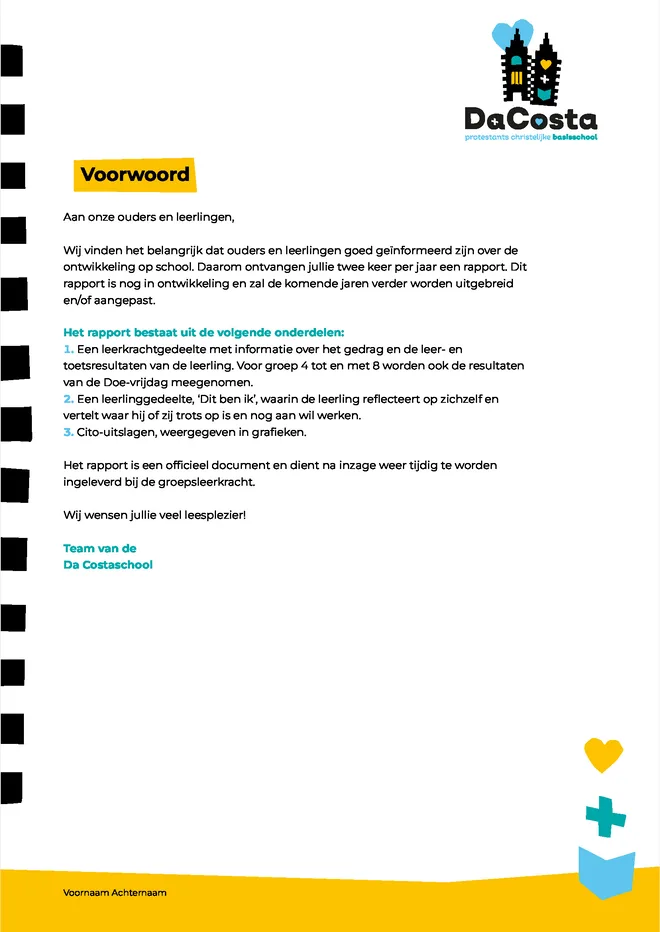 Voorbeeldpagina 2 uit ontwikkelrapport voorbeeld van Da Costa School Christelijke Basisonderwijs