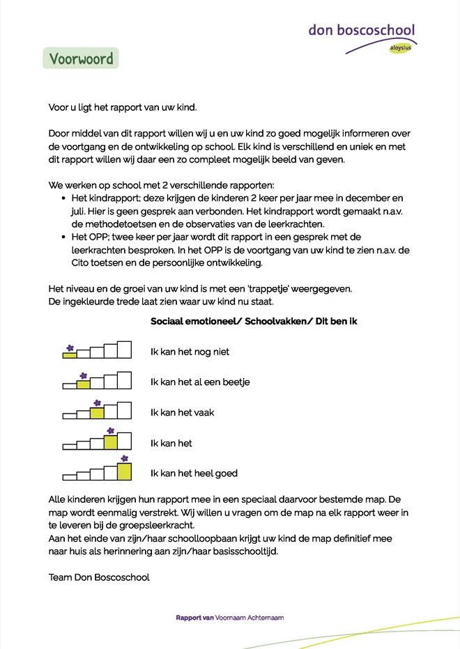 Voorbeeldpagina 2 uit Kindrapport voorbeeld van Don Boscoschool