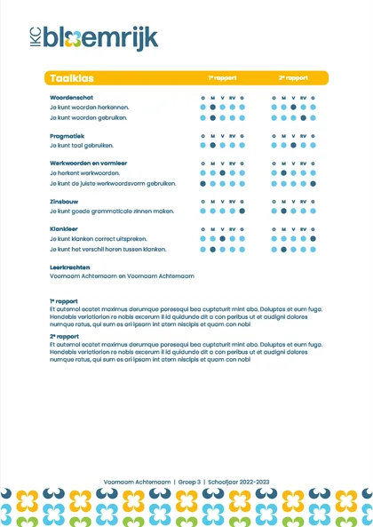 Voorbeeldpagina 1 uit Taalklas rapport groep 1-8 voorbeeld van IKC Bloemrijk