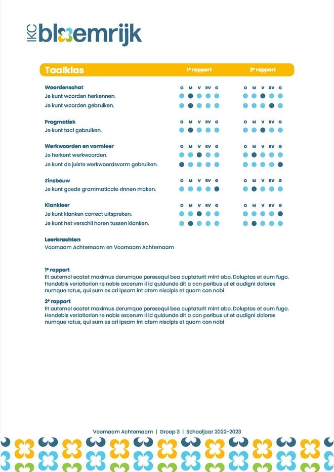 Voorbeeldpagina 1 uit Taalklas rapport groep 1-8 voorbeeld van IKC Bloemrijk
