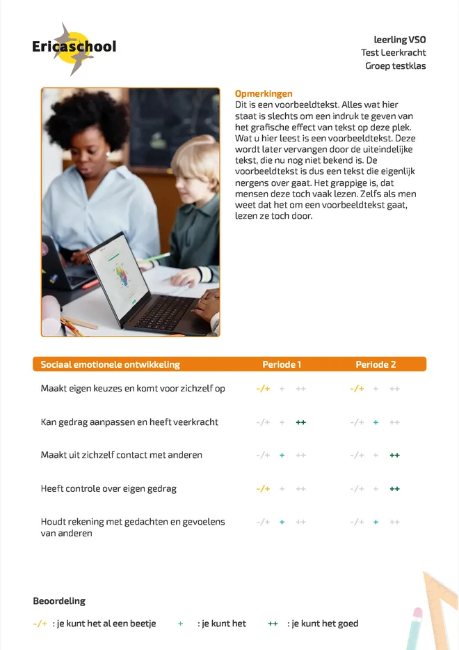 Voorbeeldpagina 2 uit praktijk-VSO rapport voorbeeld van Ericaschool