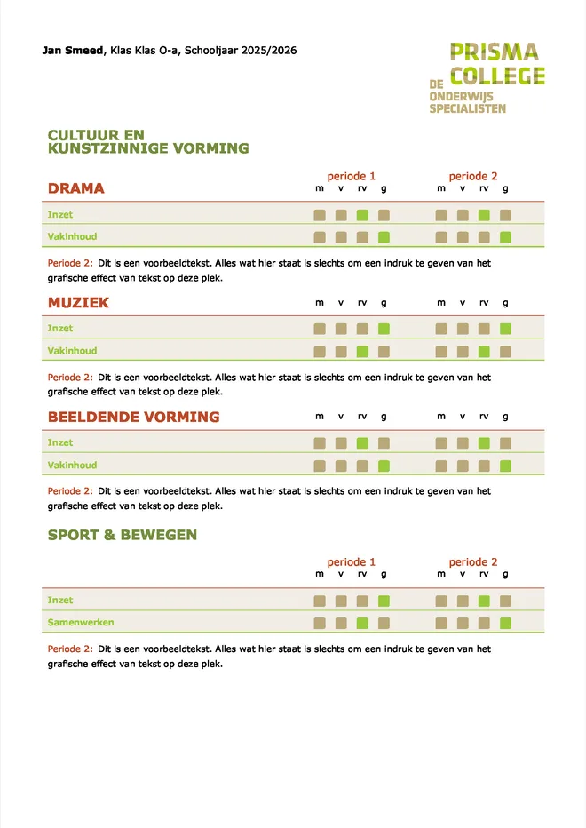 Voorbeeldpagina 3 uit VSO rapport voorbeeld van Prisma College