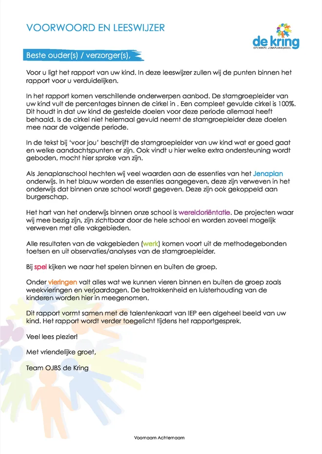 Voorbeeldpagina 2 uit Jenaplan rapport voorbeeld van Basisschool De Kring