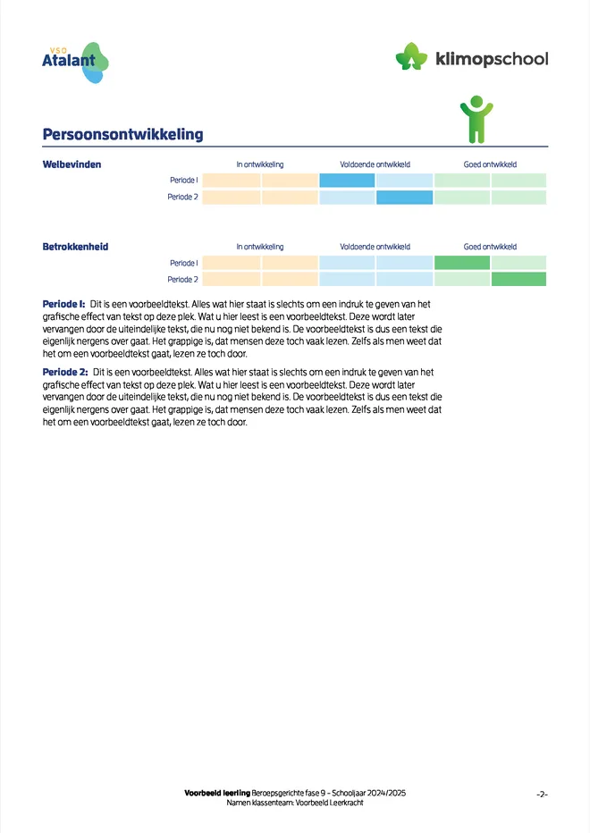Voorbeeldpagina 2 uit vso arbeidsvaardighedenrapport voorbeeld van Klimopschool VSO