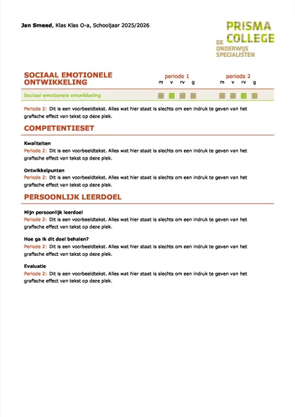 Voorbeeldpagina 1 uit VSO rapport voorbeeld van Prisma College