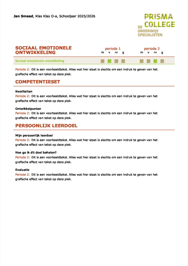 Voorbeeldpagina 1 uit VSO rapport voorbeeld van Prisma College