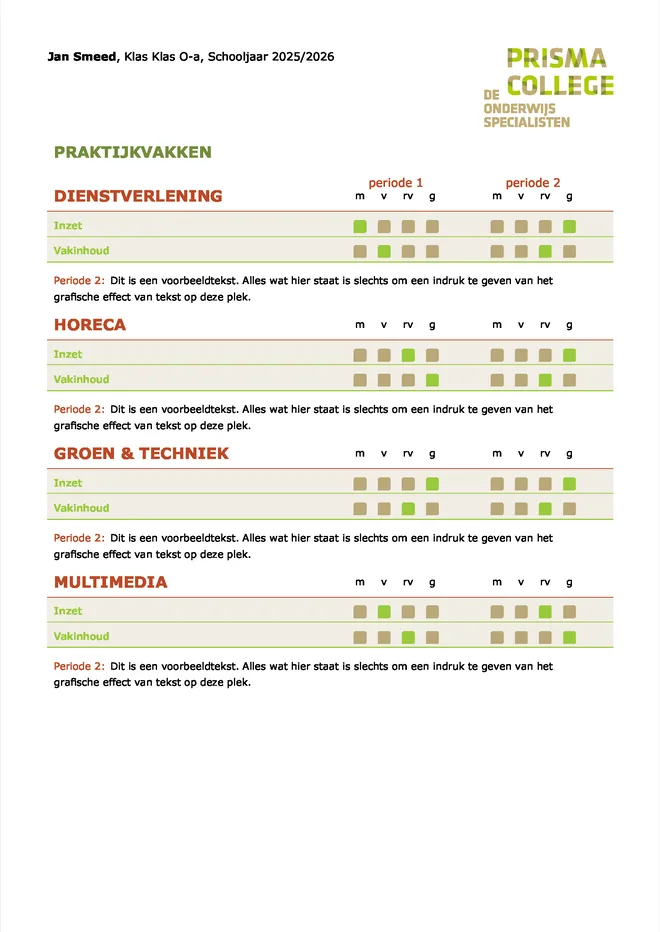 Voorbeeldpagina 4 uit VSO rapport voorbeeld van Prisma College