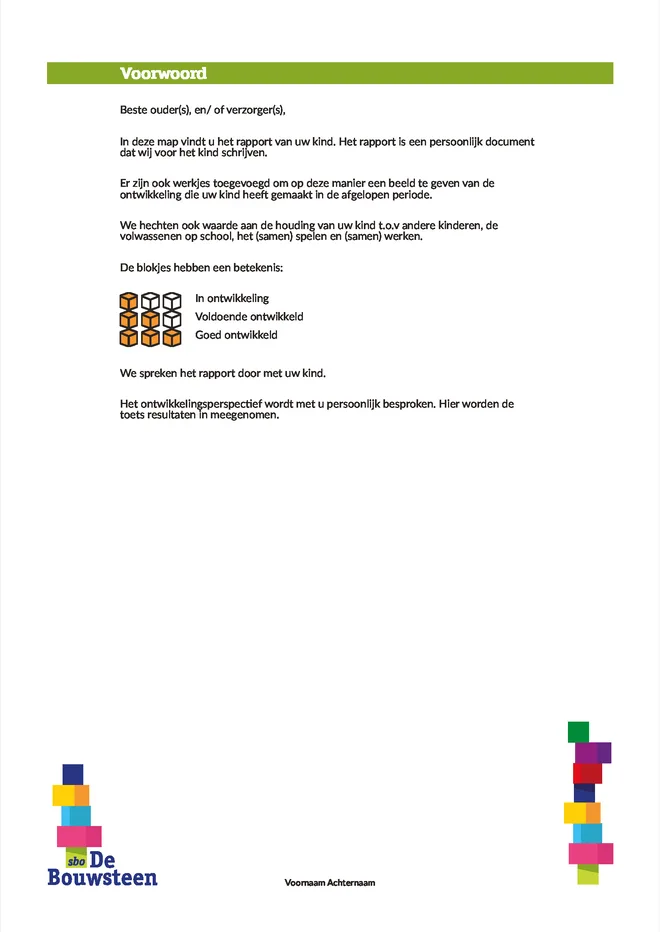 Voorbeeldpagina 2 uit SBO kleuterrapport voorbeeld van School voor Speciaal Basisonderwijs De Bouwsteen