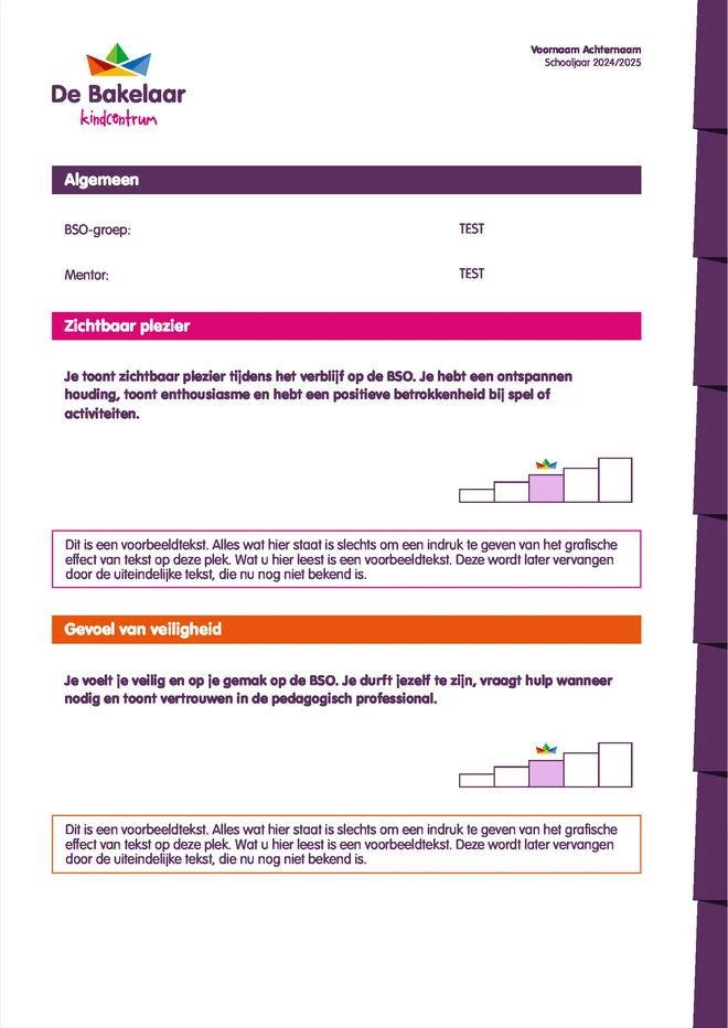 Voorbeeldpagina 1 uit BSO rapport voorbeeld groep 1-8 van Kindcentrum De Bakelaar