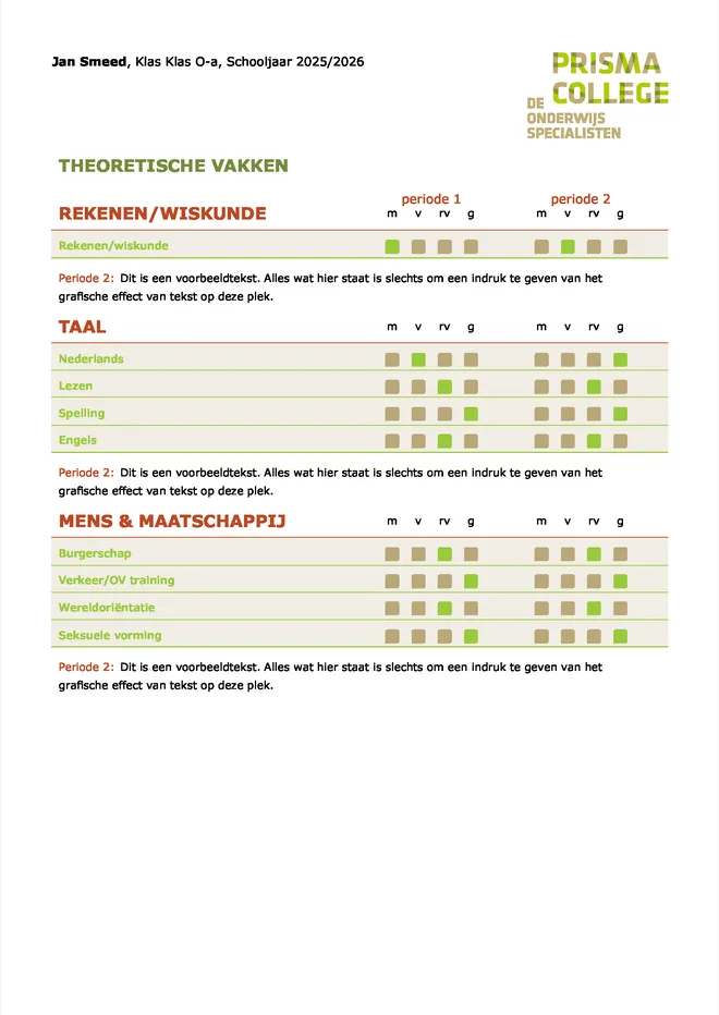 Voorbeeldpagina 2 uit VSO rapport voorbeeld van Prisma College