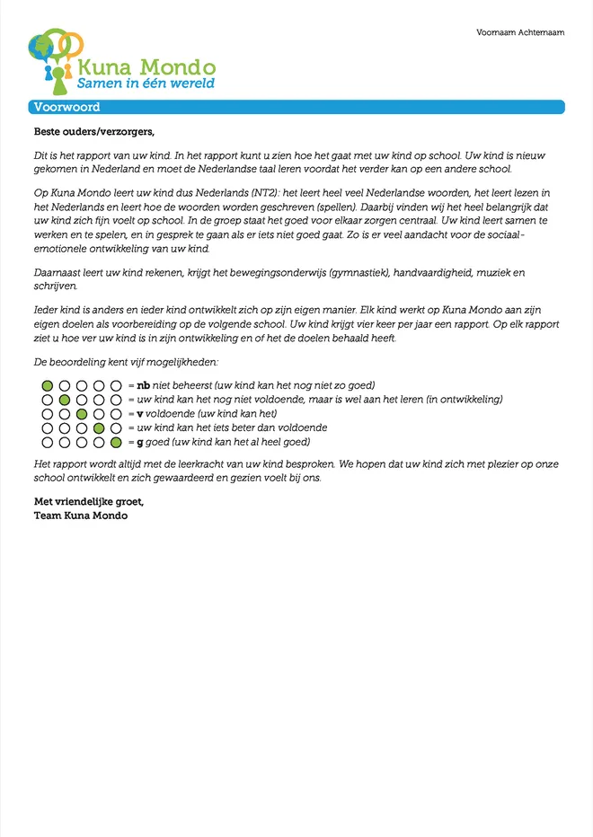 Voorbeeldpagina 2 uit NT2 rapport voorbeeld groep-3-8 van Basisschool Kuna Mondo